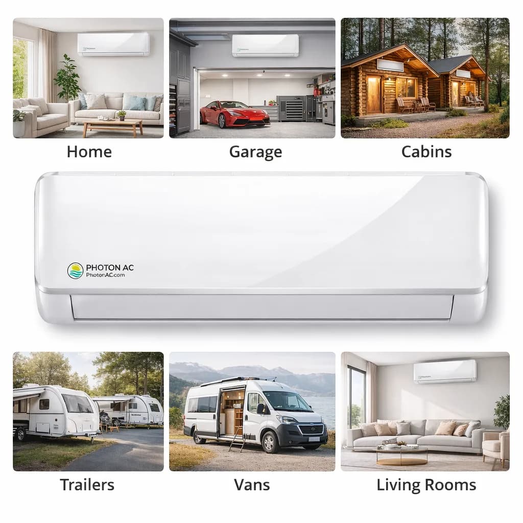 Photon AC indoor units in a home, garage, cabin, trailer, van and living room